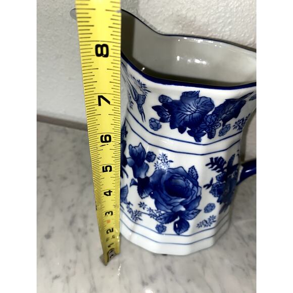 Blue Whit Floral Ceramic Pitcher Vase Beautiful Home Decor - Picture 3 of 8